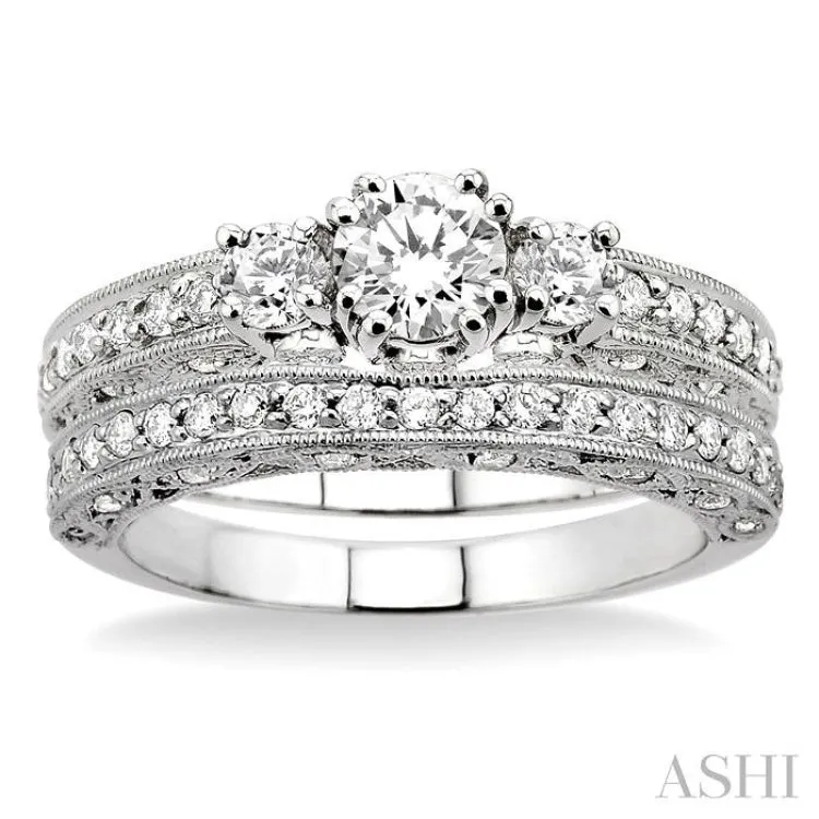 1 1/4 Ctw Diamond Wedding Set with 7/8 Ctw Round Cut Engagement Ring and 3/8 Ctw Wedding Band in 14K White Gold