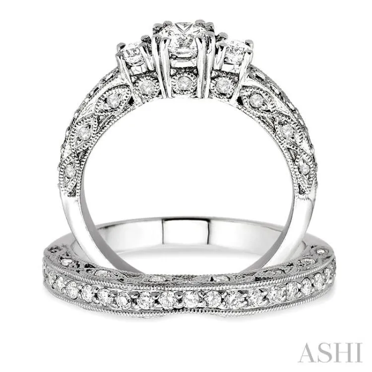 1 1/4 Ctw Diamond Wedding Set with 7/8 Ctw Round Cut Engagement Ring and 3/8 Ctw Wedding Band in 14K White Gold