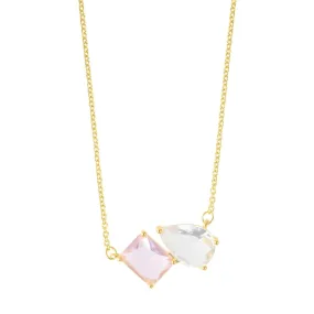 14k Gold Plated Pink and White Double Stone Necklace