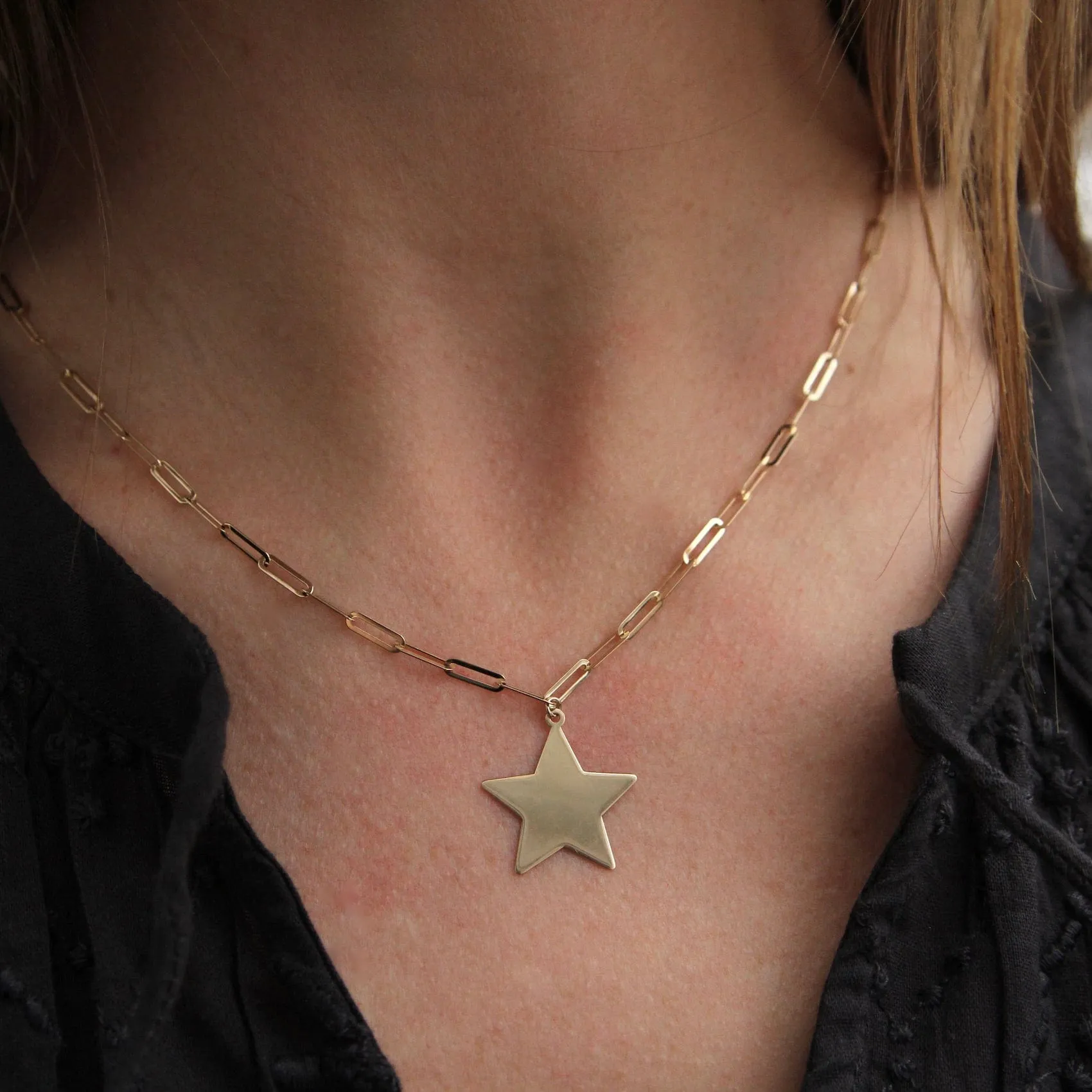 14k Yellow Gold Paperclip Chain with Star Pendant