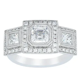 18ct White Gold 1.01ct Emerald Cut Diamond Halo Ring