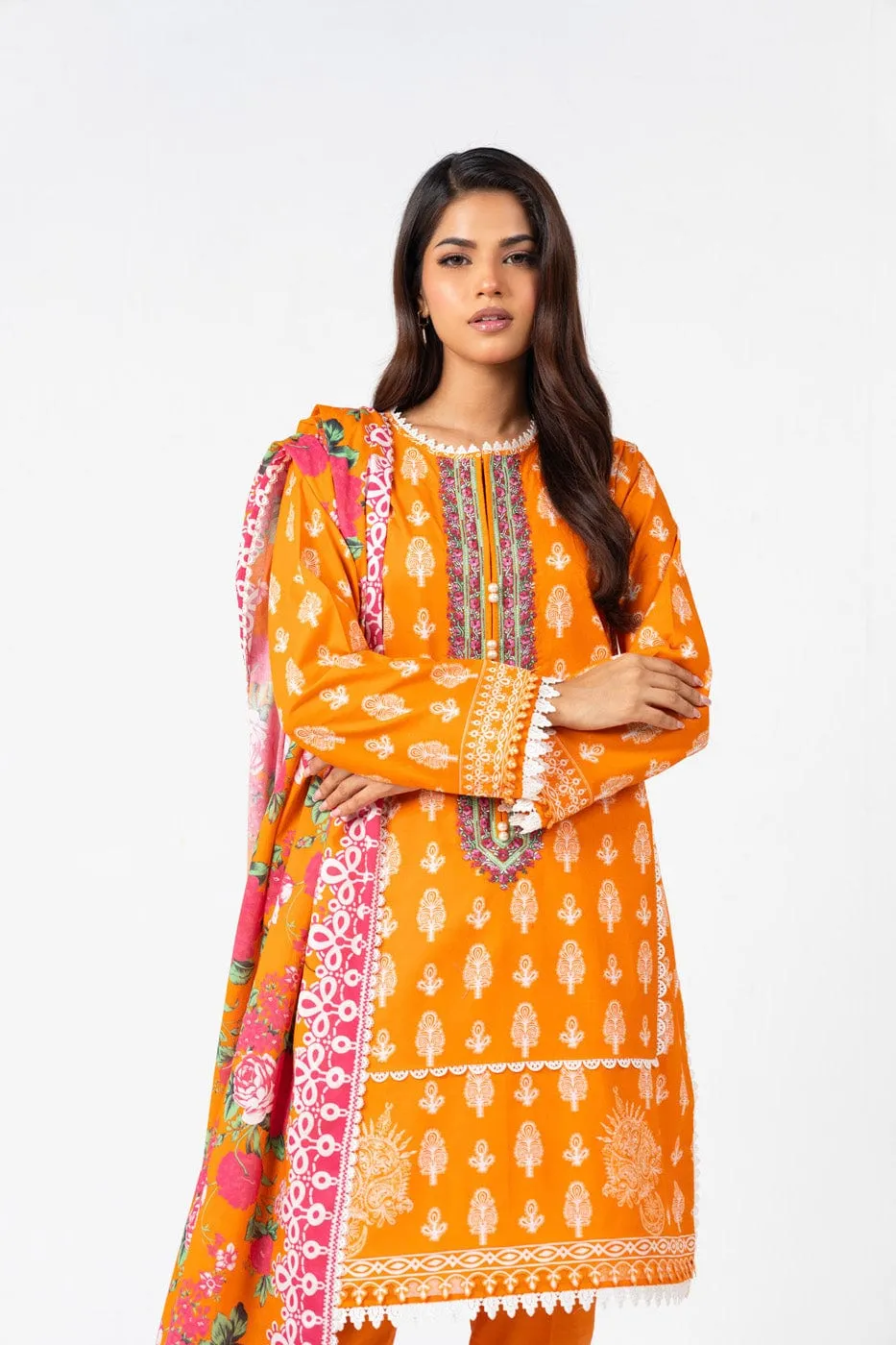 3 Pc Printed Embroidered Lawn Suit With Printed Lawn Dupatta