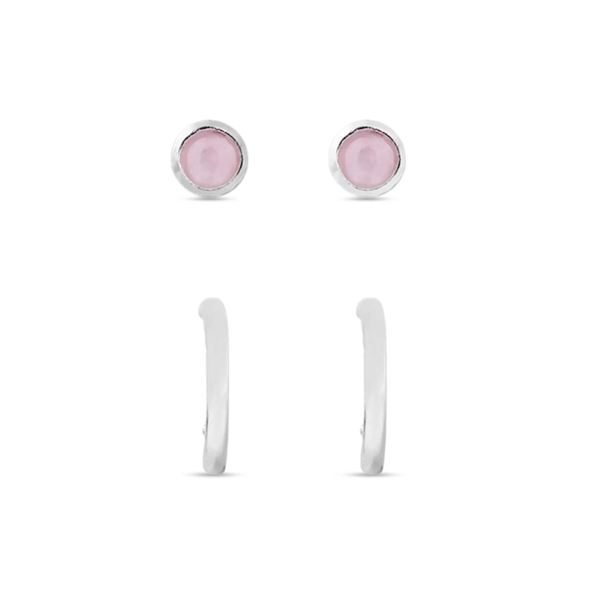 925 Pure Sterling Silver Rose Quartz Stud And Hoops Set Of Two