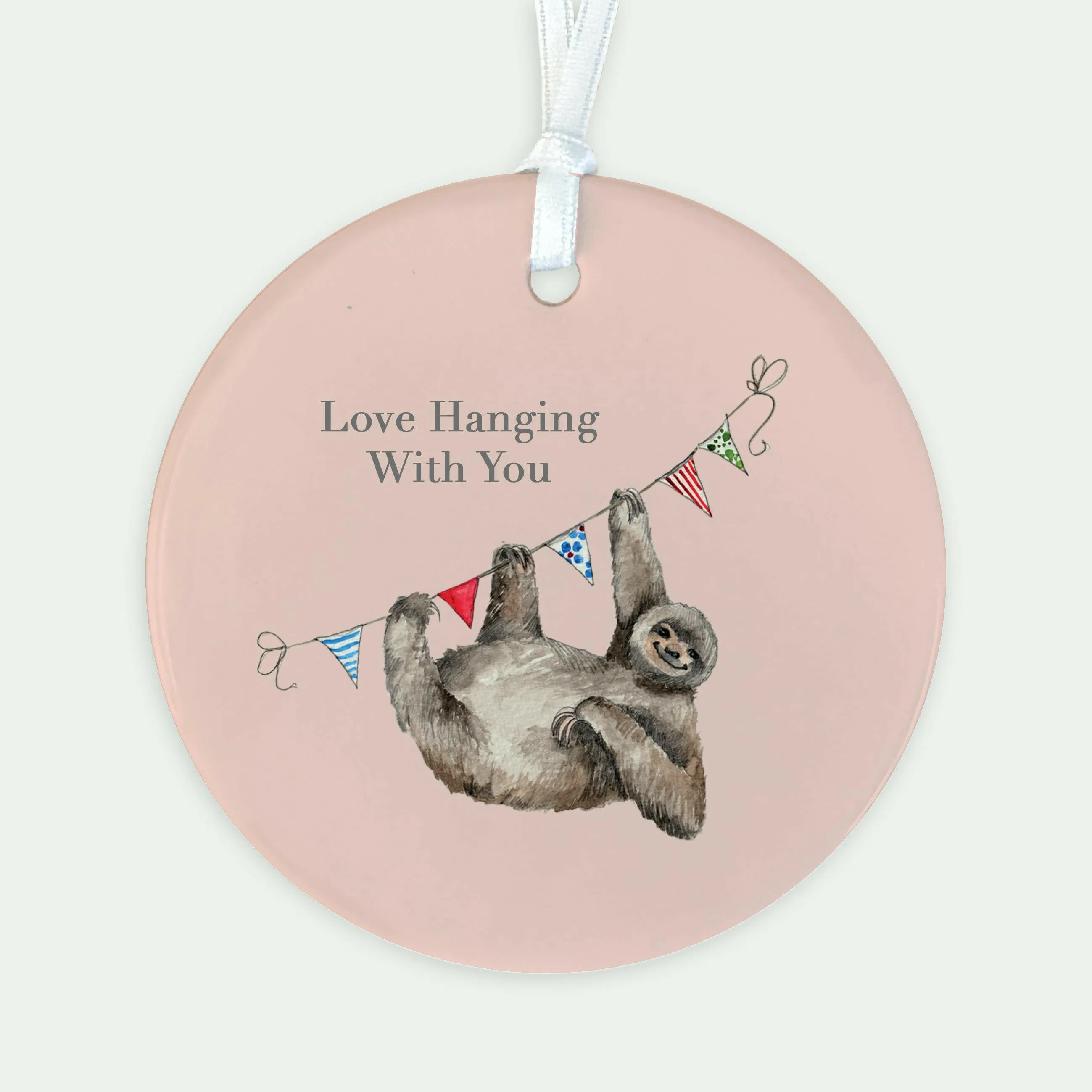 A6 Greeting Card with Ceramic Keepsake - Sloth Love Hanging