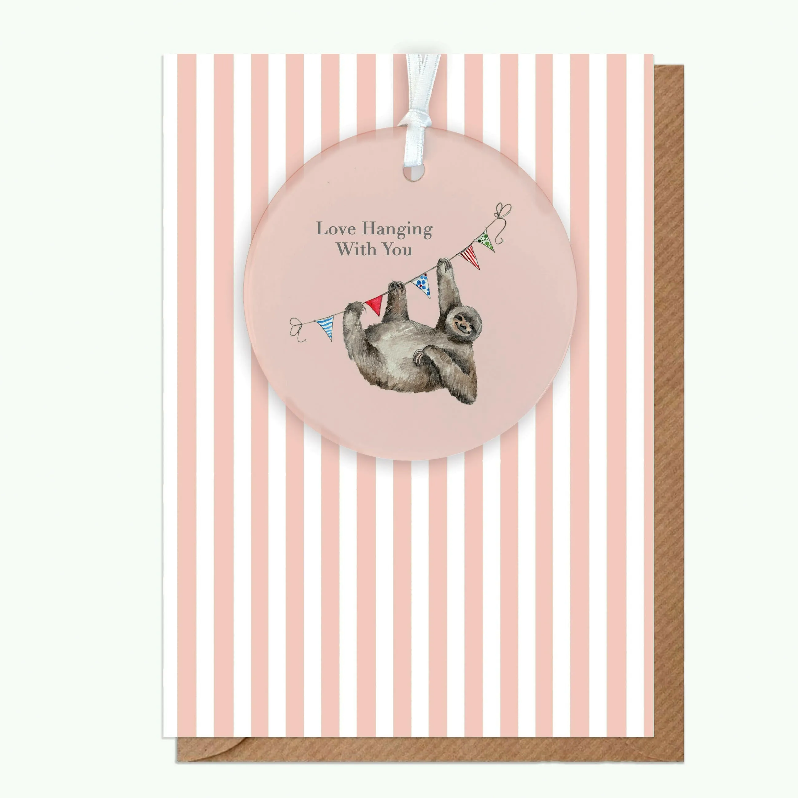 A6 Greeting Card with Ceramic Keepsake - Sloth Love Hanging