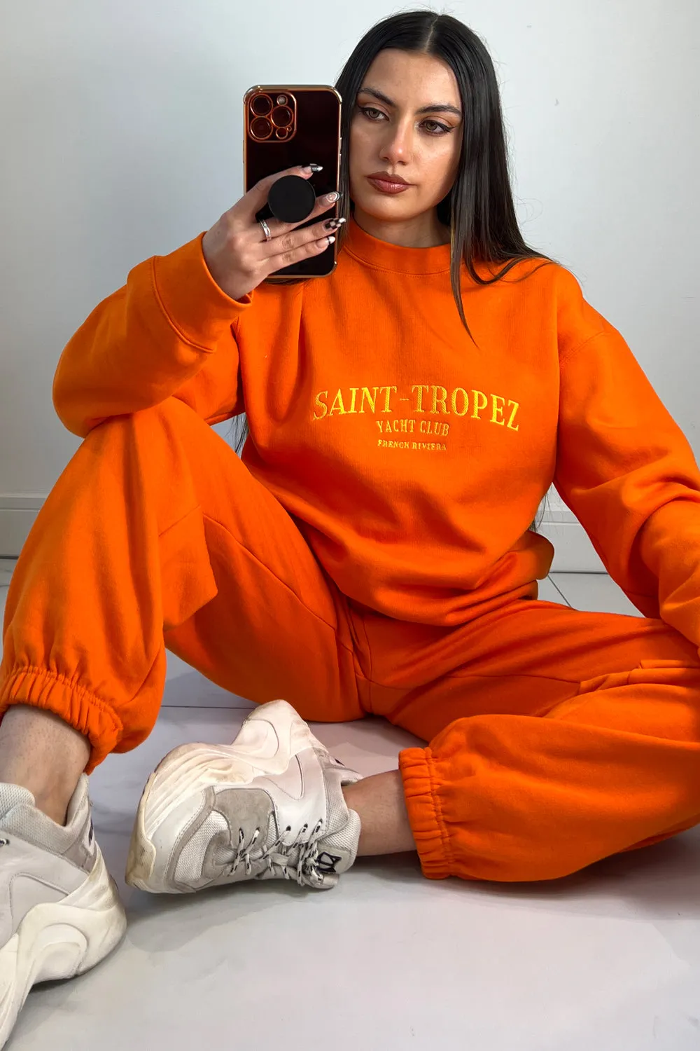 Abigail Neon Orange Saint Tropez Embroidered Loungewear Set