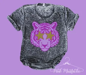 Acid Washed Bright Purple Tiger Star Tee/ Quality Acid Washed Retro Tee