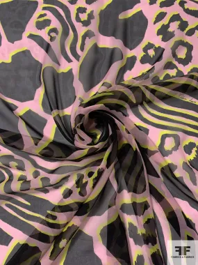 Animal Pattern Inspired Printed Silk Chiffon - Baby Pink / Black / Chartreuse