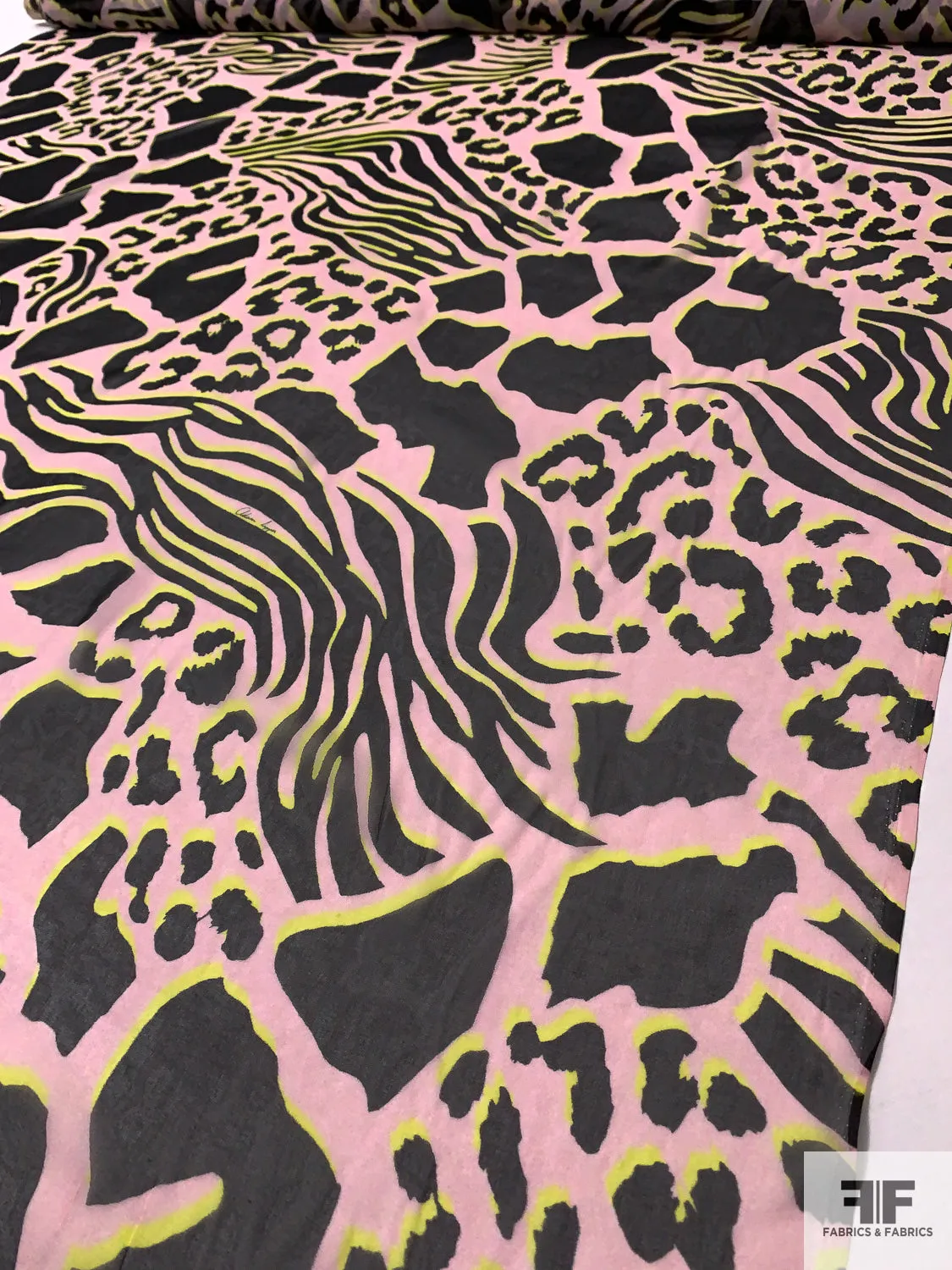 Animal Pattern Inspired Printed Silk Chiffon - Baby Pink / Black / Chartreuse