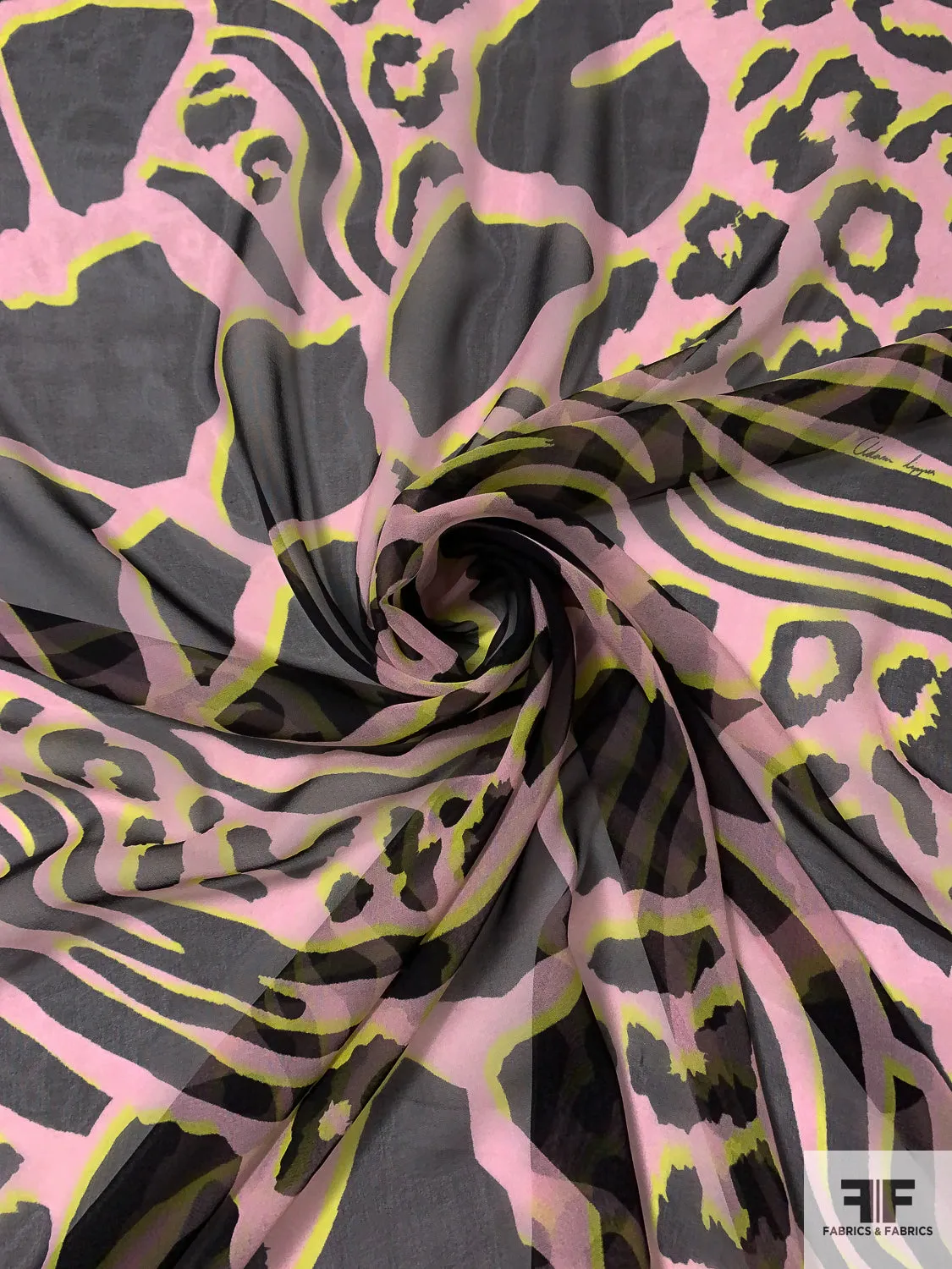 Animal Pattern Inspired Printed Silk Chiffon - Baby Pink / Black / Chartreuse