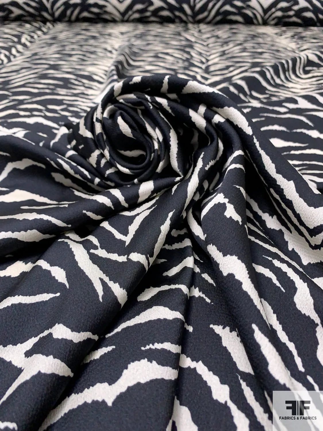 Animal Pattern Printed Hammered Polyester Charmeuse - Black / Light Ivory