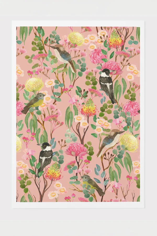 Australian Birds and Blooms by Cecilia Mok Giclée Art Print Poster (Blush Pink)