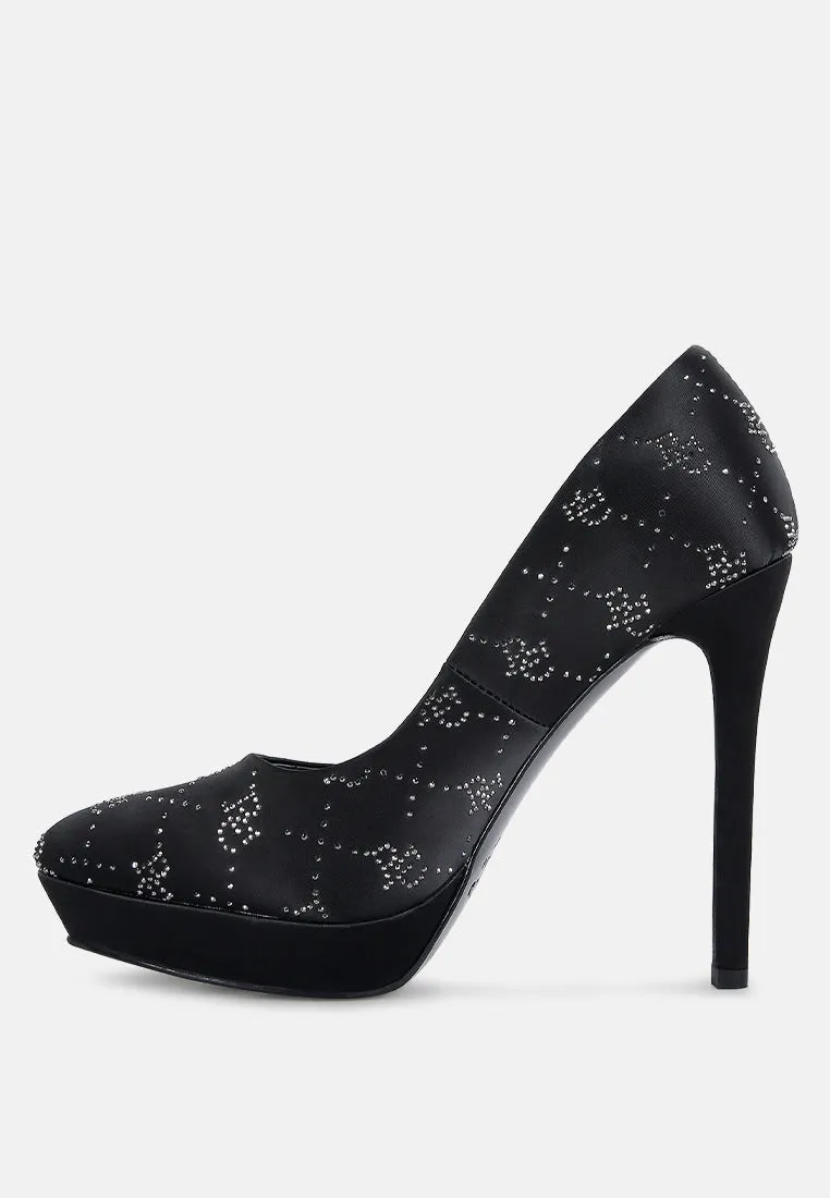 BALLARD Black Monogram Satin Stiletto Pumps