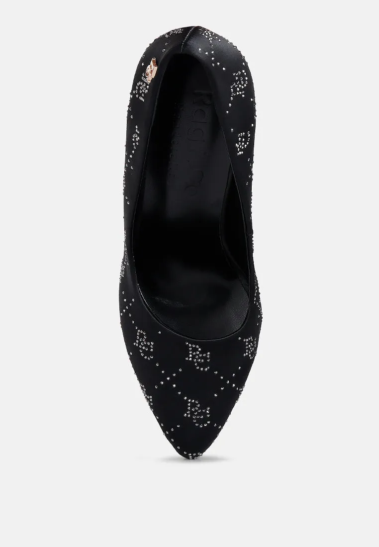 BALLARD Black Monogram Satin Stiletto Pumps