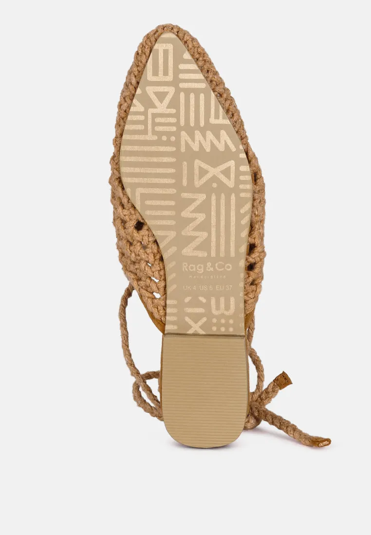 BARTSI Tan Handwoven Tie Up Flat Mules