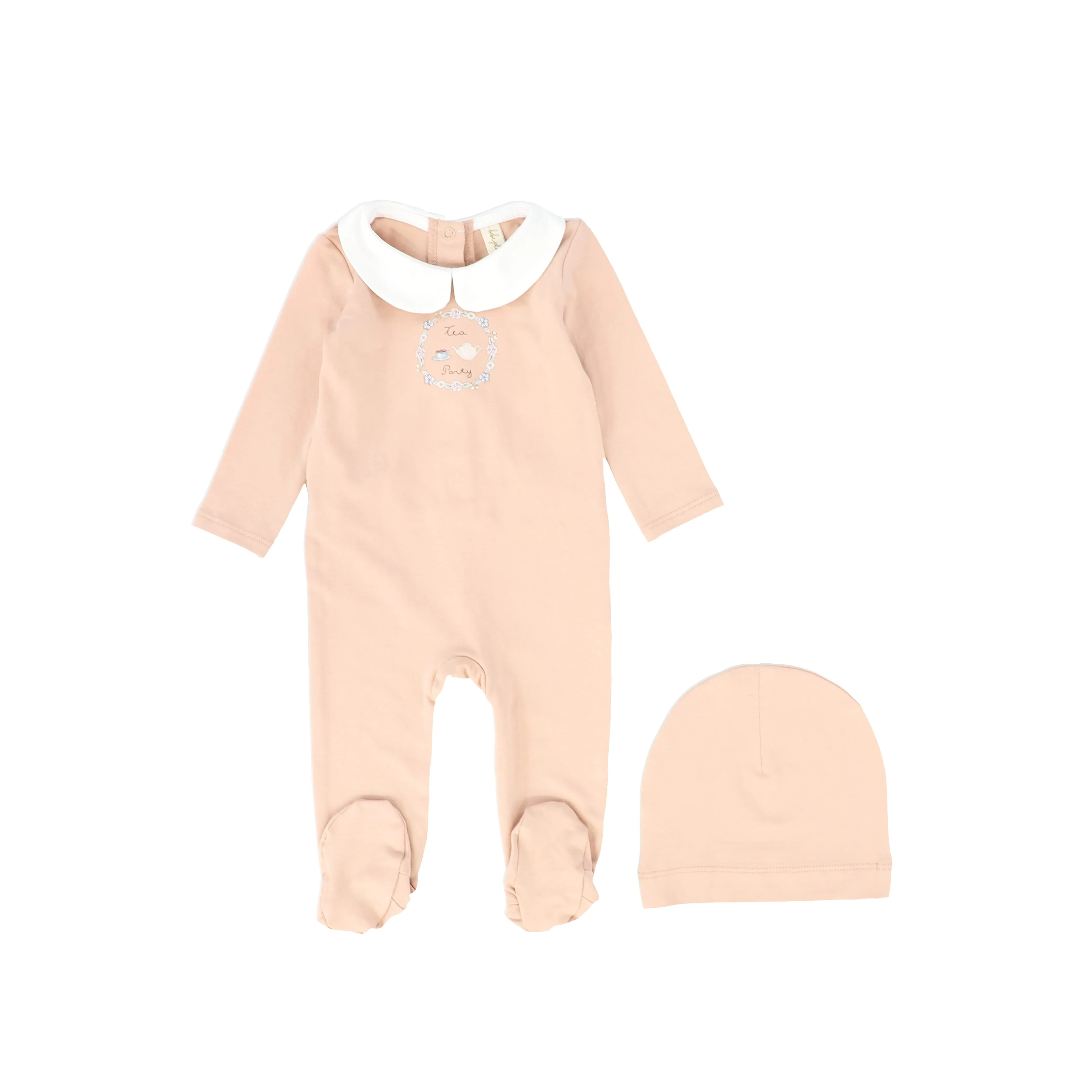 Bebe Jolee Peach Tea Party Embroidered Footie With Beanie