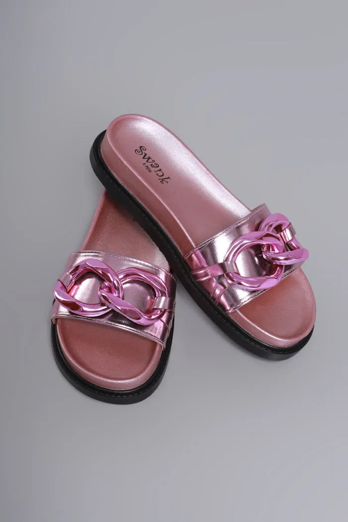 Brain Freeze Metallic Buckle Slides - Pink