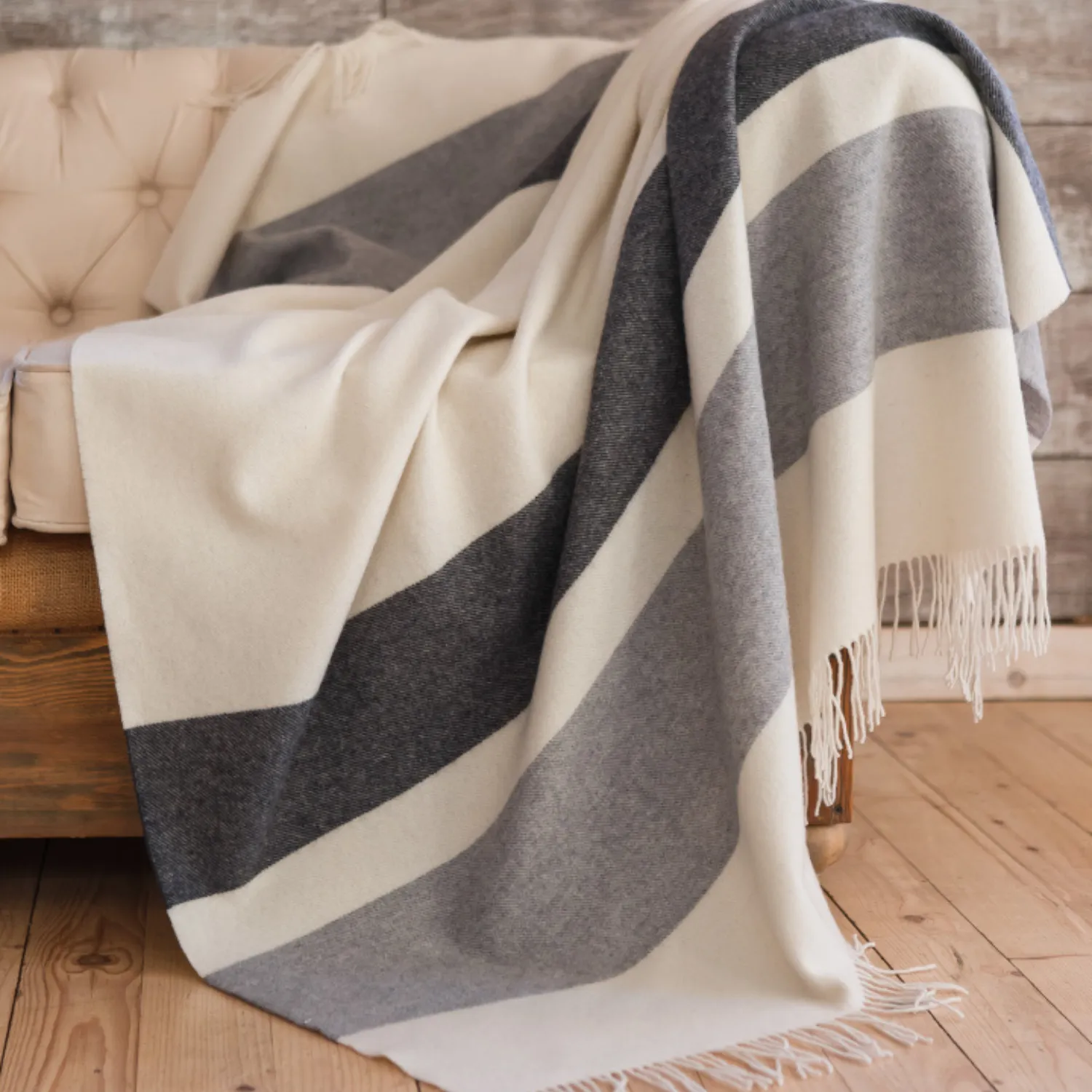 Cashmere Merino Ivory & Grey Stripe Throw