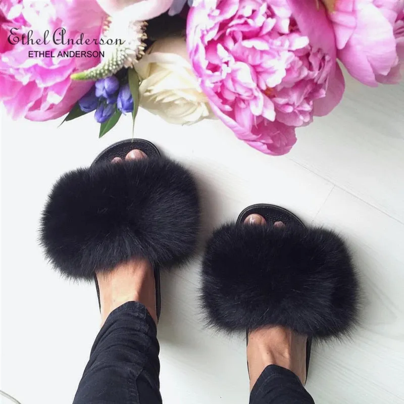 Casual Fox Fur Slides Indoor Flip Flops Fluffy Slippers