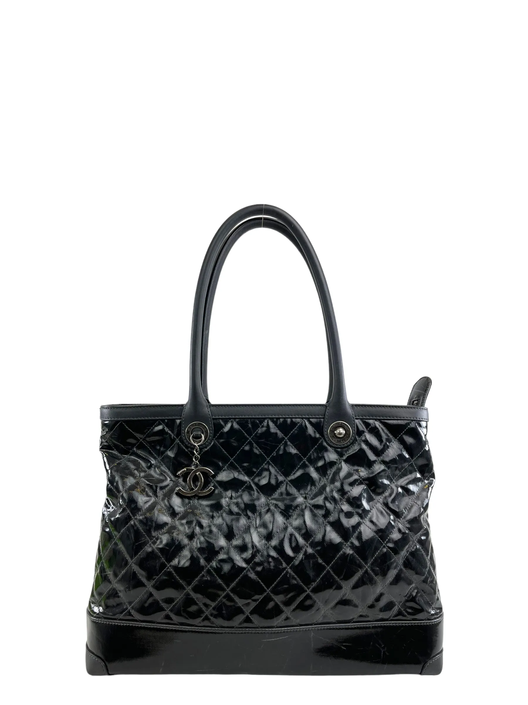 Chanel Charcoal Leather & Quilted Patent Crinkle Effect Canvas Tote