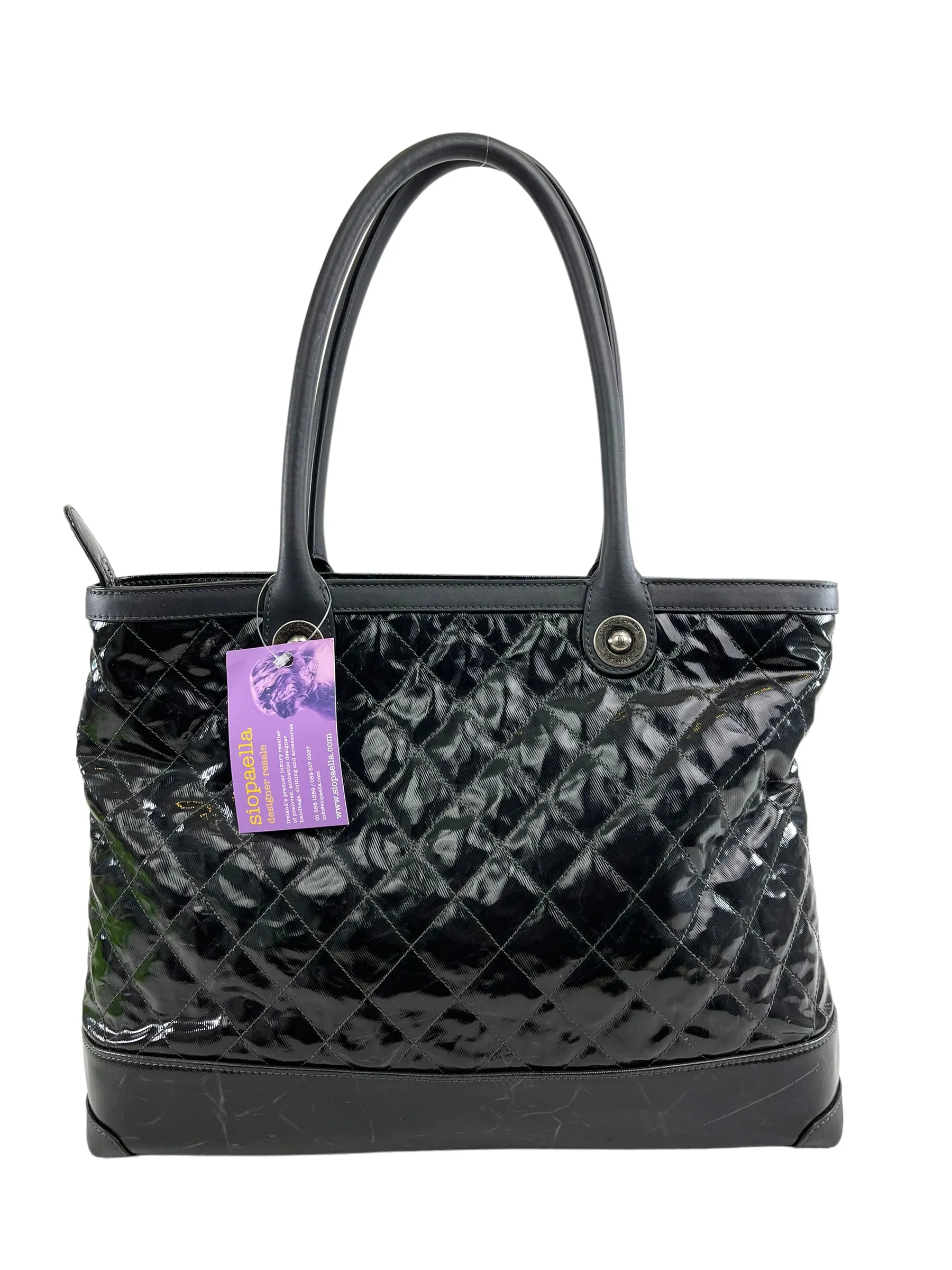 Chanel Charcoal Leather & Quilted Patent Crinkle Effect Canvas Tote