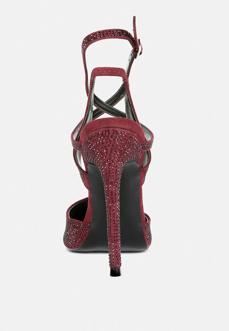 CHARMER Rhinestone Embellished Stiletto Sandals in Burgundy