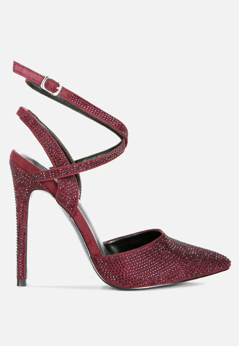 CHARMER Rhinestone Embellished Stiletto Sandals in Burgundy