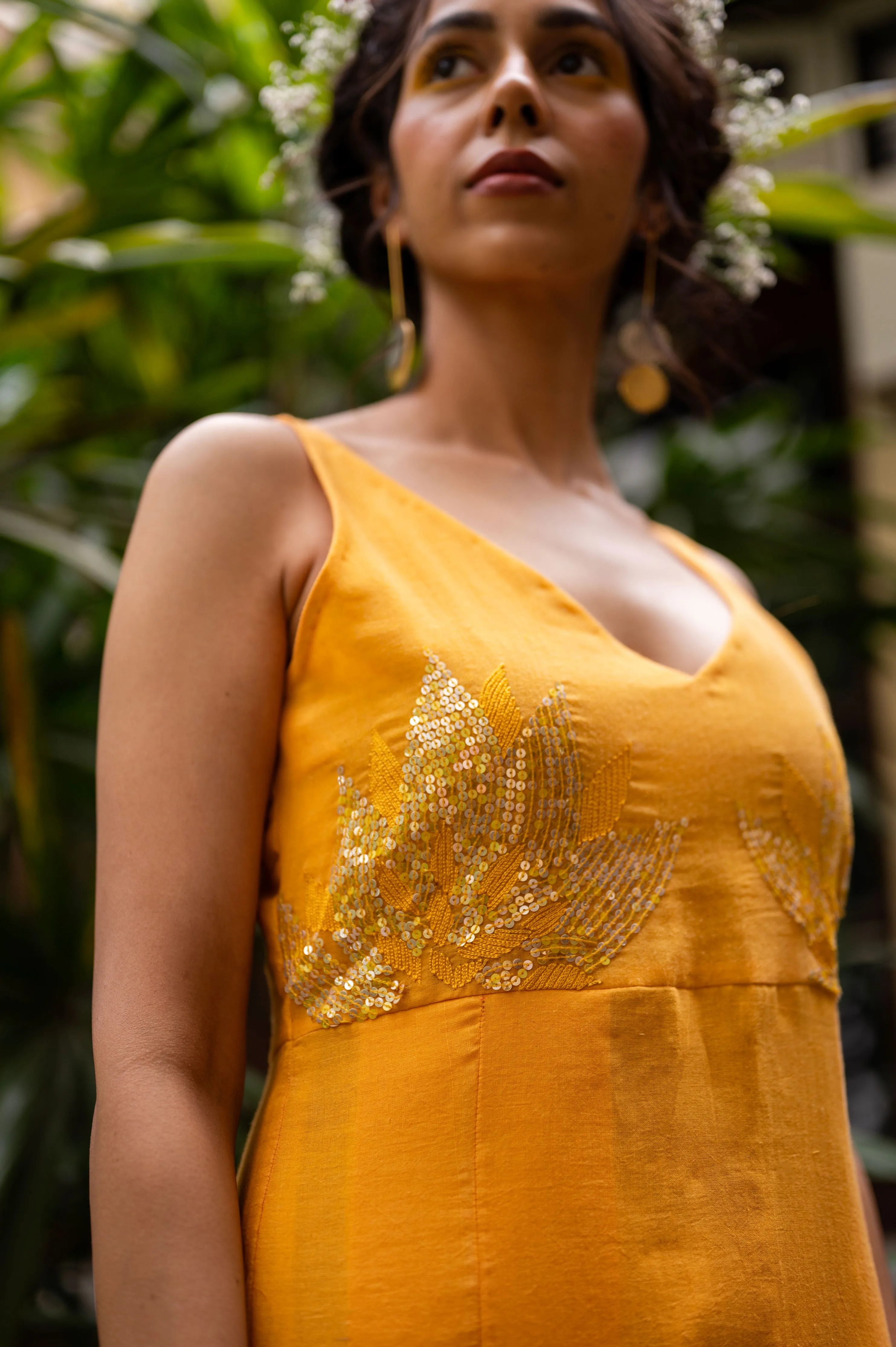 Cotton gown with hand embroidered sequined sunflower