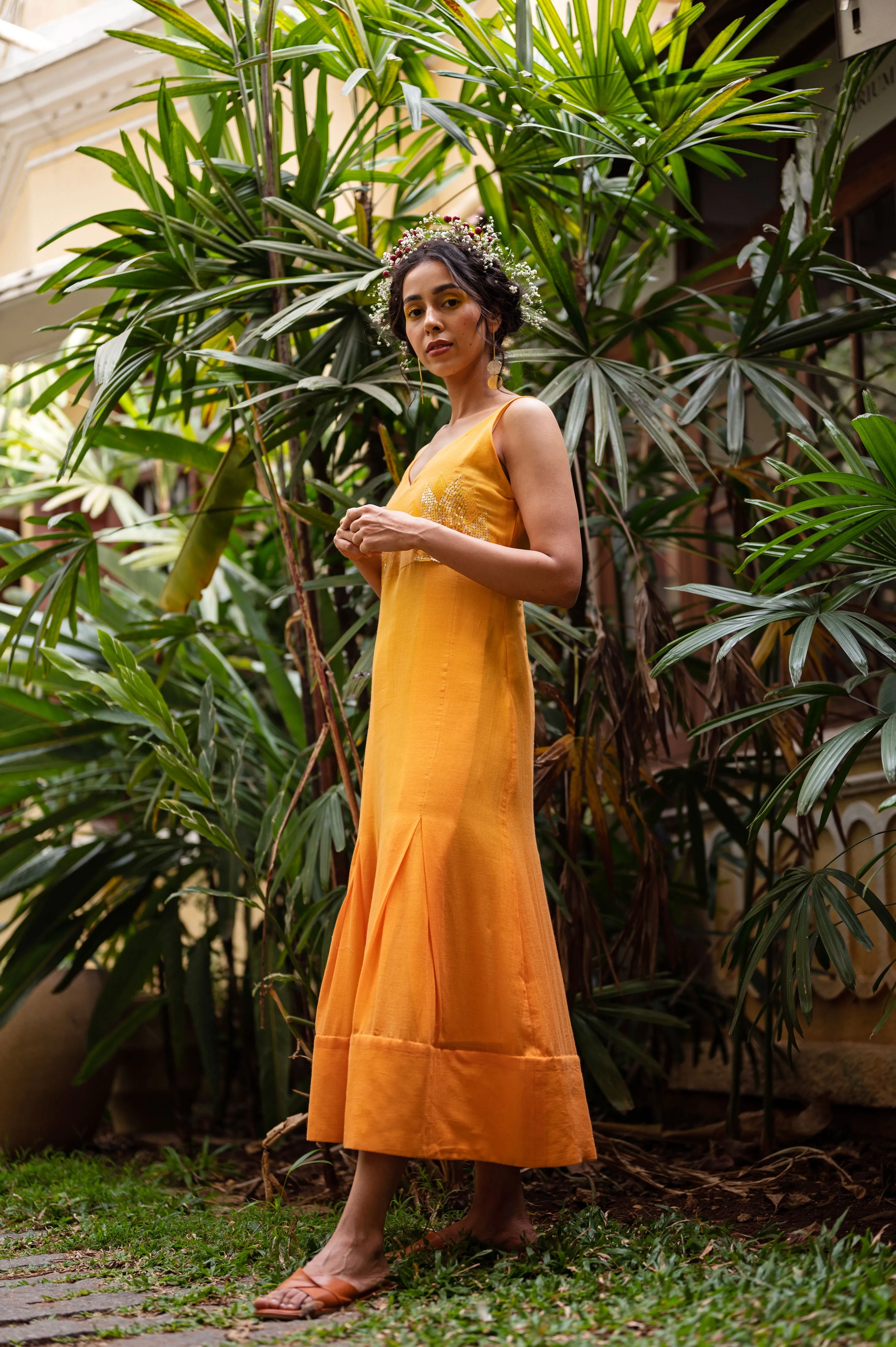 Cotton gown with hand embroidered sequined sunflower