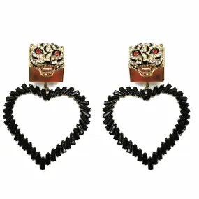 CRYSTAL EMBELLISHED DETACHABLE HEART CHARM LEOPARD STUD EARRINGS