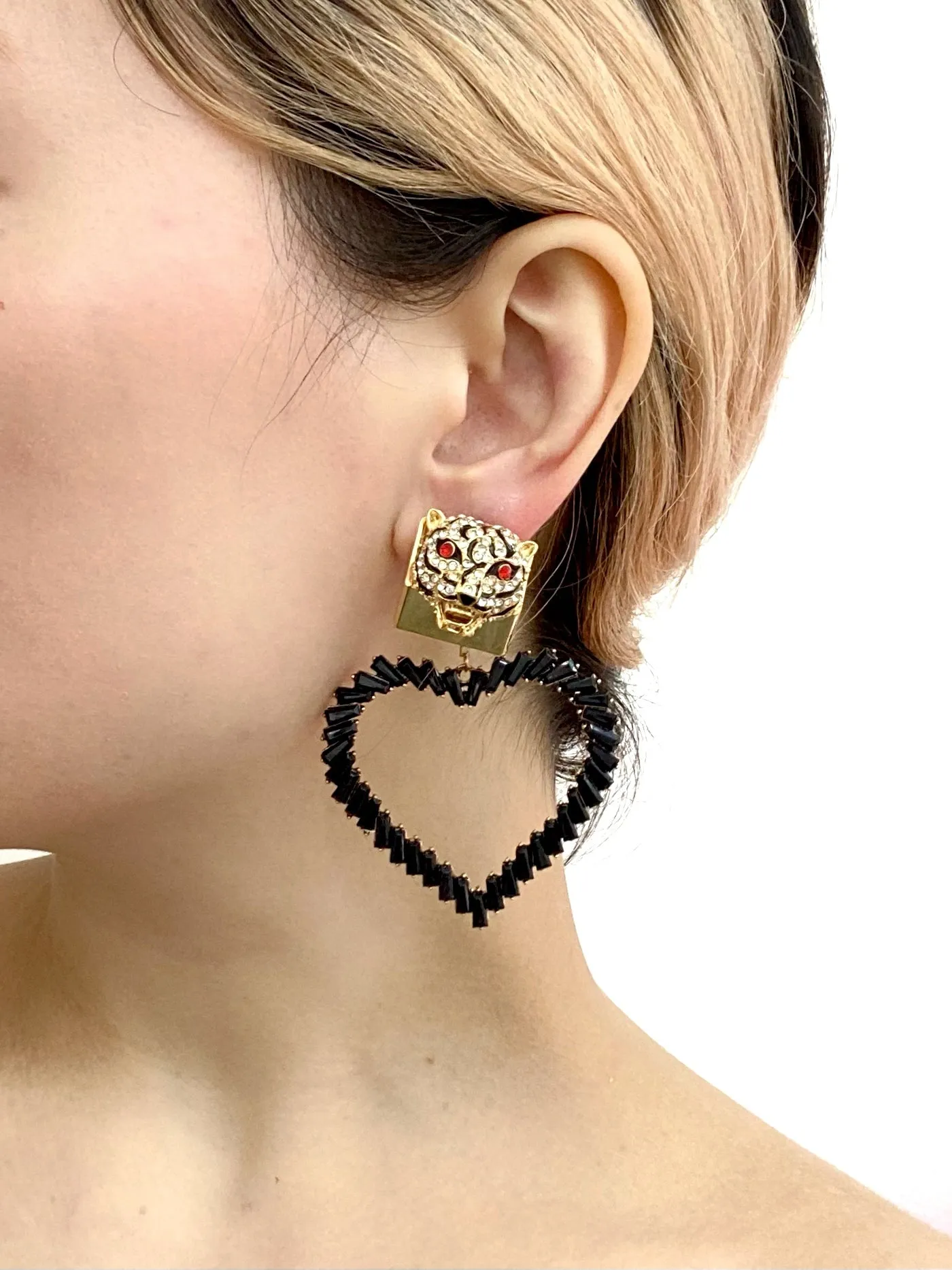 CRYSTAL EMBELLISHED DETACHABLE HEART CHARM LEOPARD STUD EARRINGS