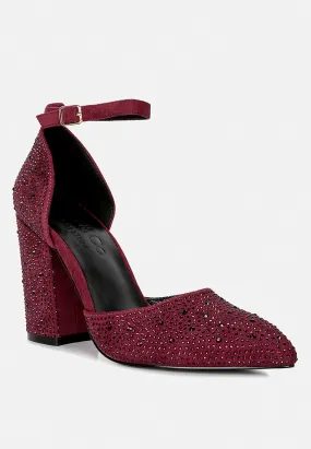 CULVER Rhinestone Embellished Block Heel Sandals in Burgundy