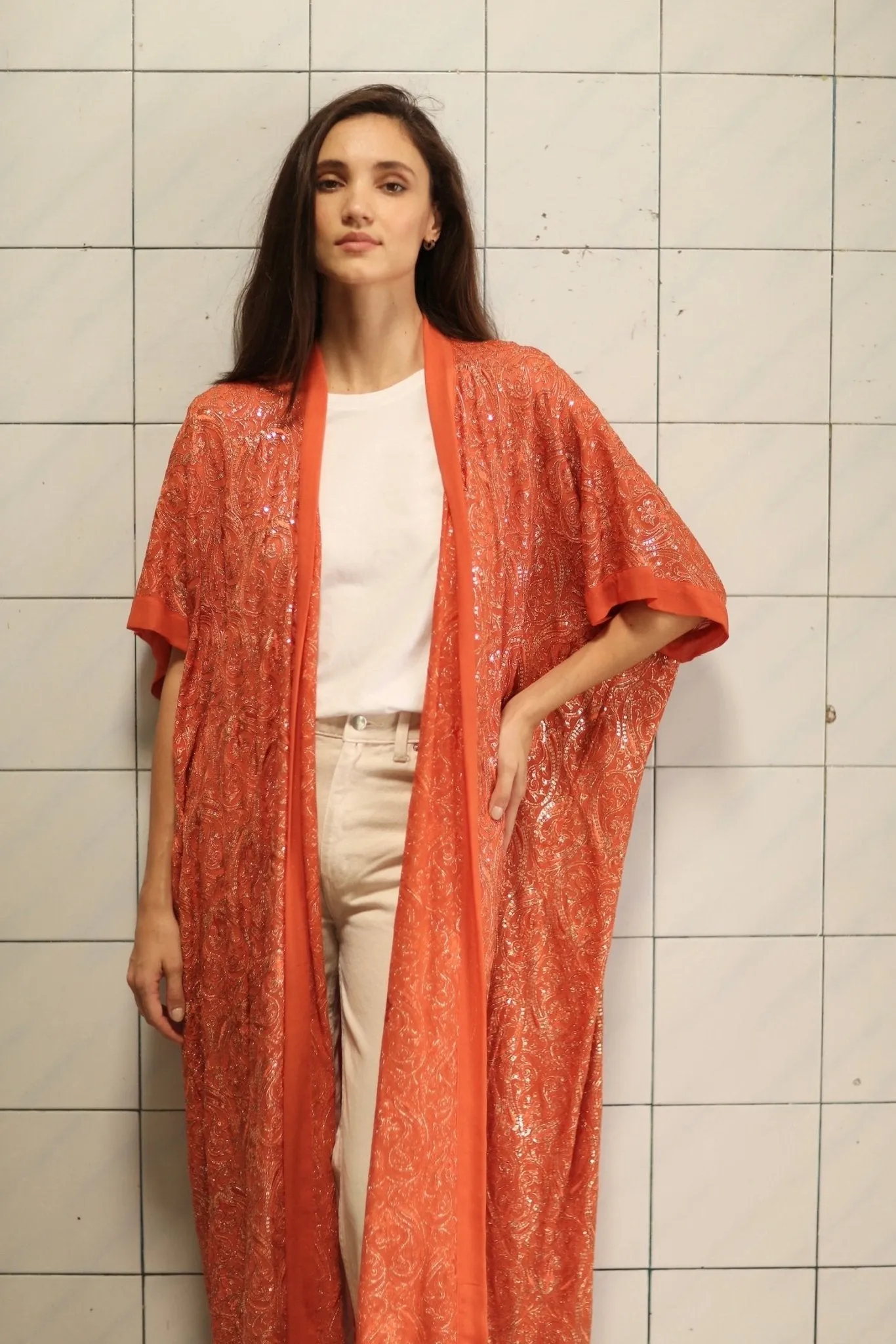 HELIOS ORANGE SILK SEQUIN EMBEROIDERED KIMONO