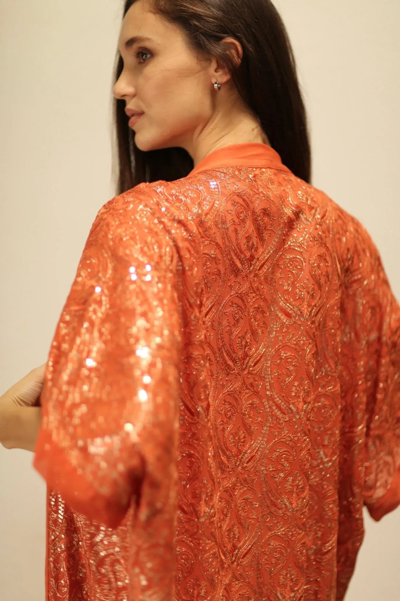 HELIOS ORANGE SILK SEQUIN EMBEROIDERED KIMONO