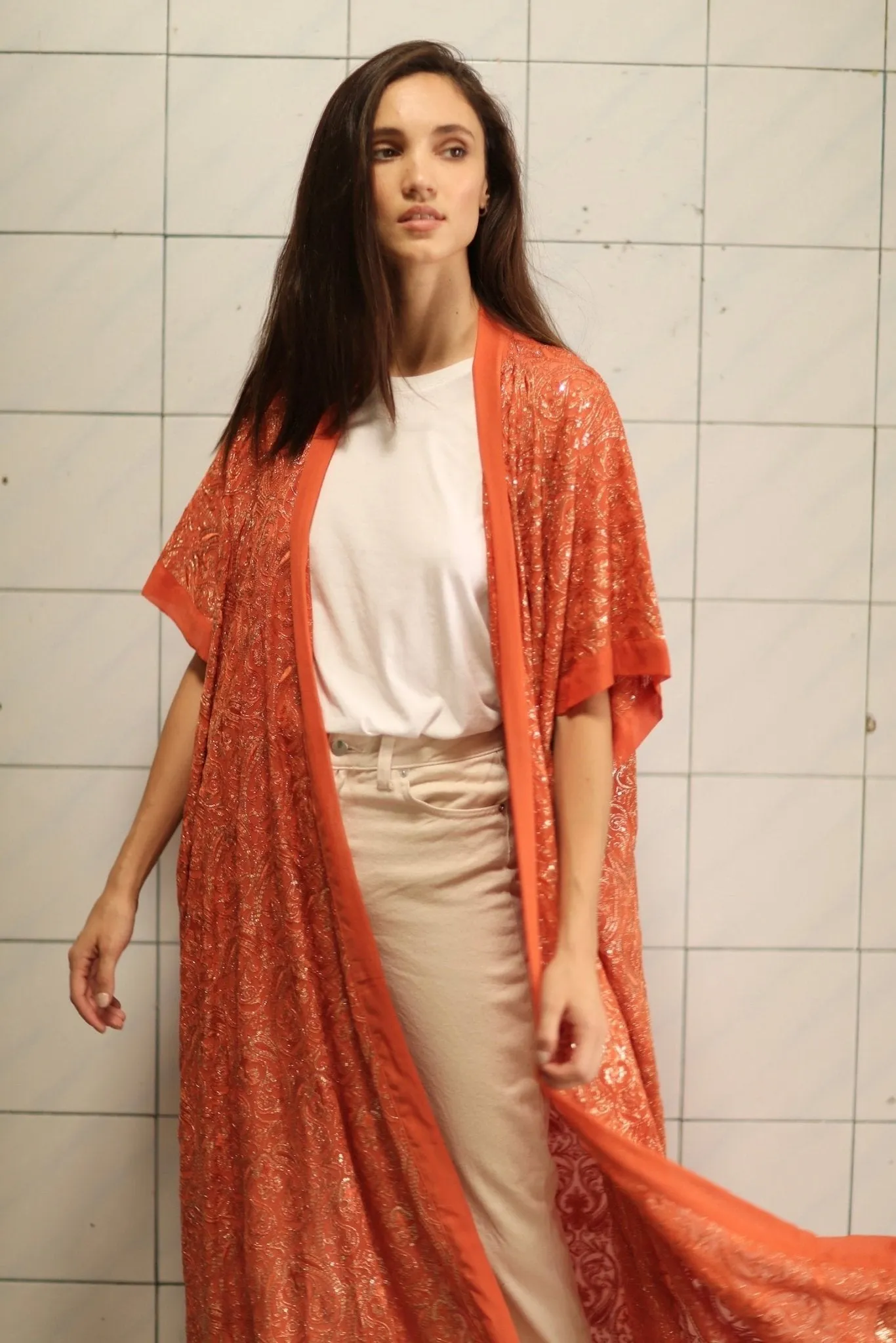 HELIOS ORANGE SILK SEQUIN EMBEROIDERED KIMONO