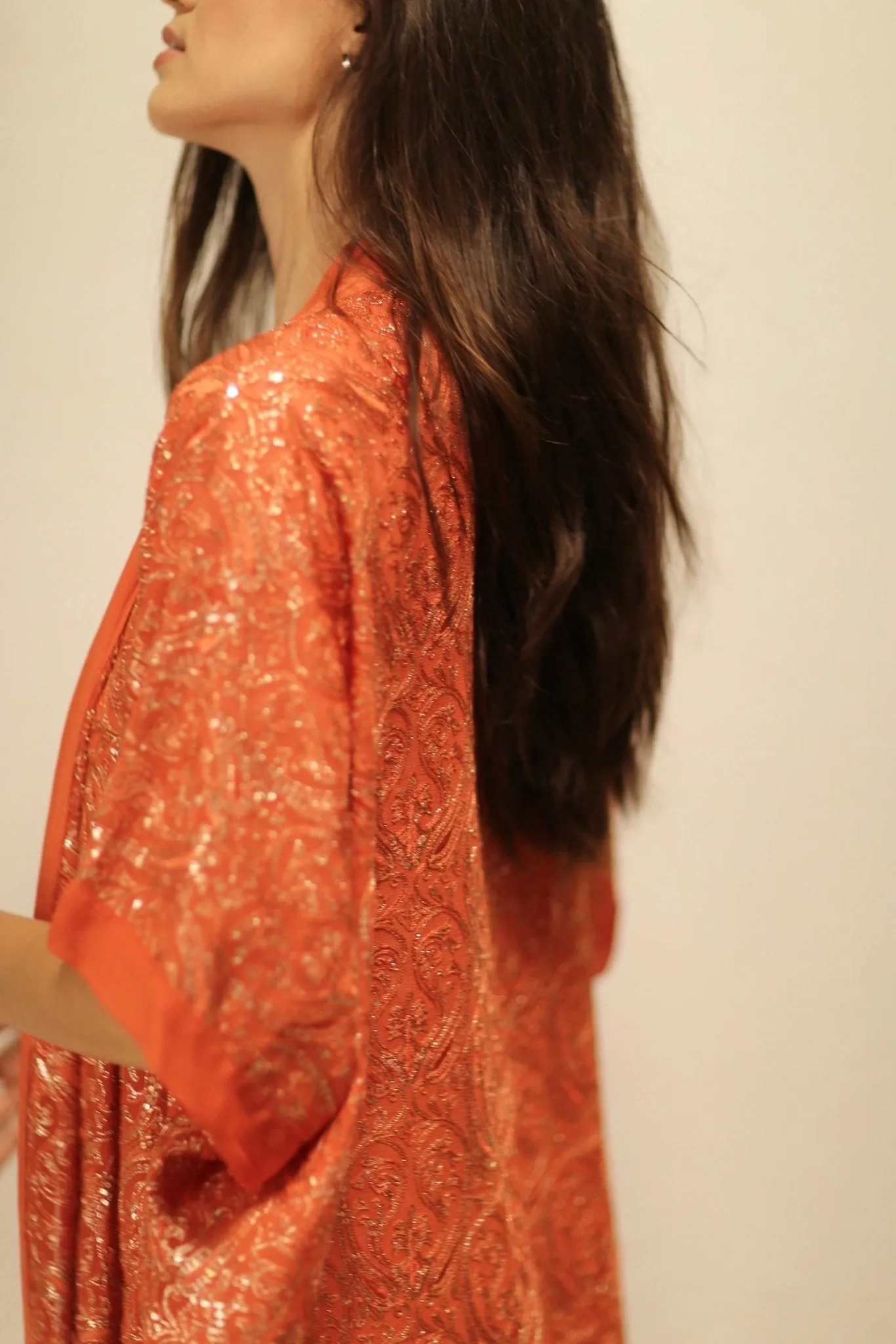 HELIOS ORANGE SILK SEQUIN EMBEROIDERED KIMONO