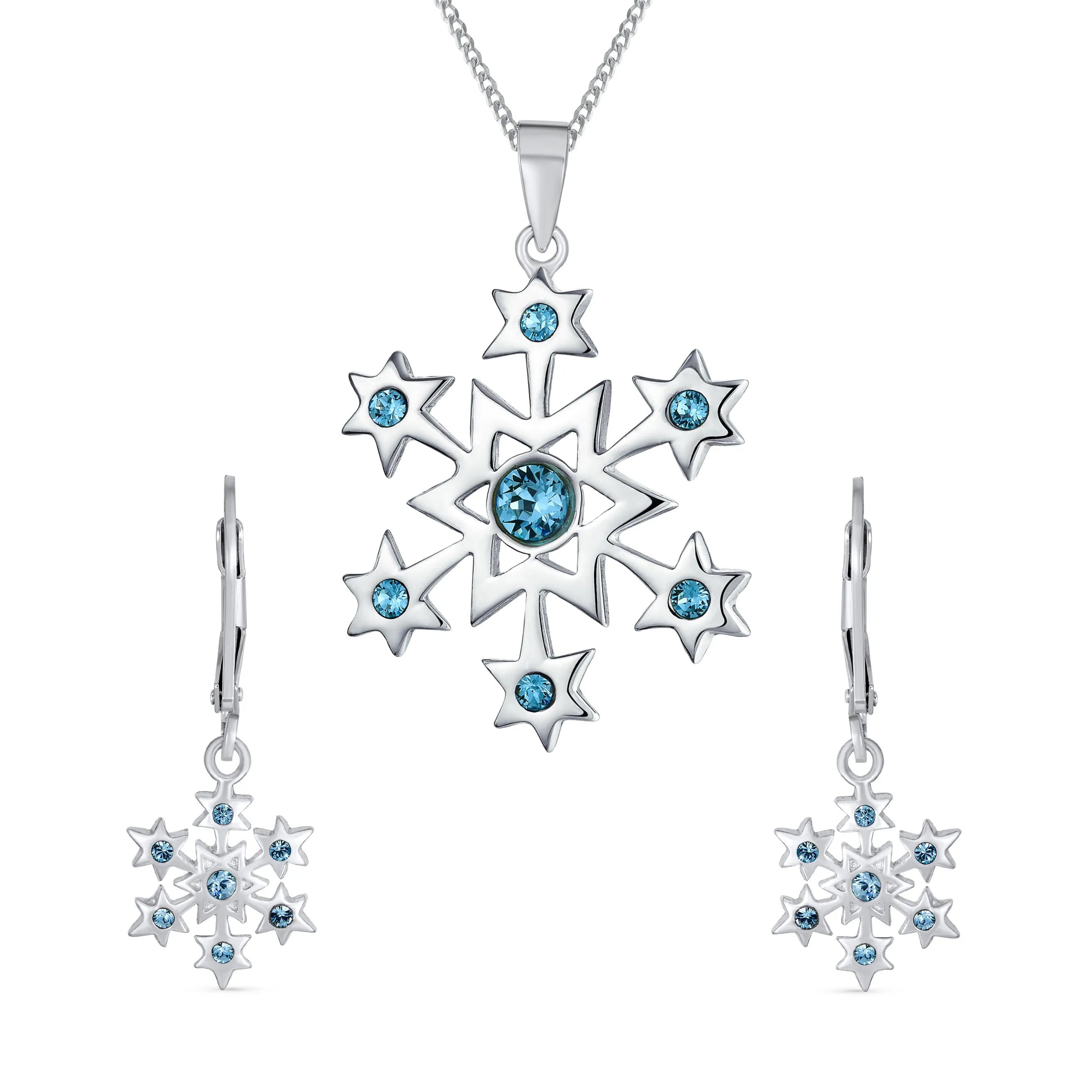 Holiday Jewelry Set Blue  CZ Snowflake  Earrings, Pendant Necklace, Brooch Pin