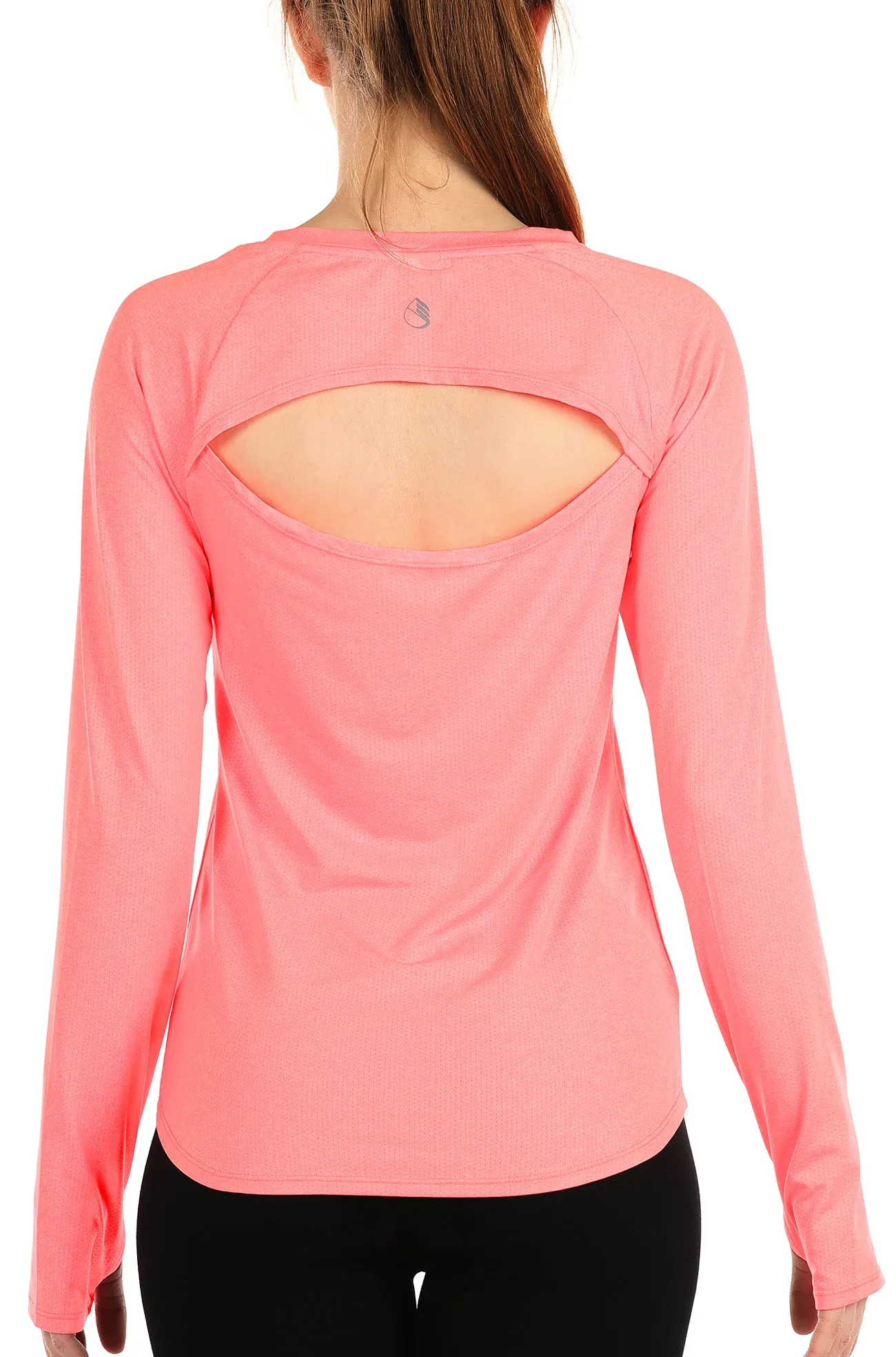 icyzone Long Sleeve Workout Shirts for Women - Open Back Athletic Tops, Running Yoga Shirts with Thumb Holes