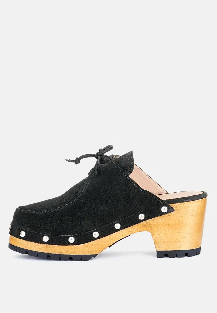 IROKO Black Suede Tie Detail Stud Clogs