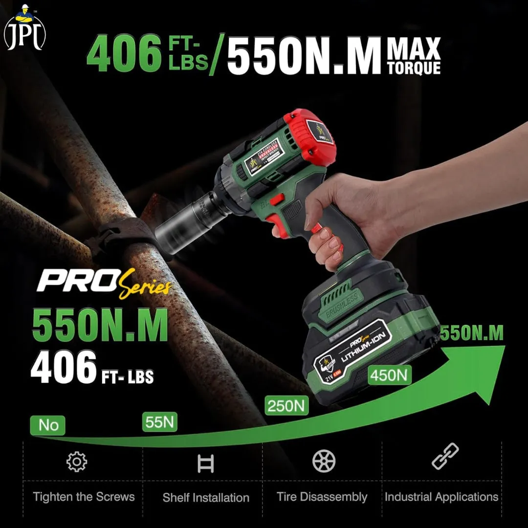 JPT 1/2 Inch Pro Series Heavy Duty Brushless Cordless Impact Wrench/Gun, 406Ft-lbs (550Nm) High Torque, 3650RPM, 2x 4.0Ah Batteries & Fast Charger (With 18 Months Motor Warranty)