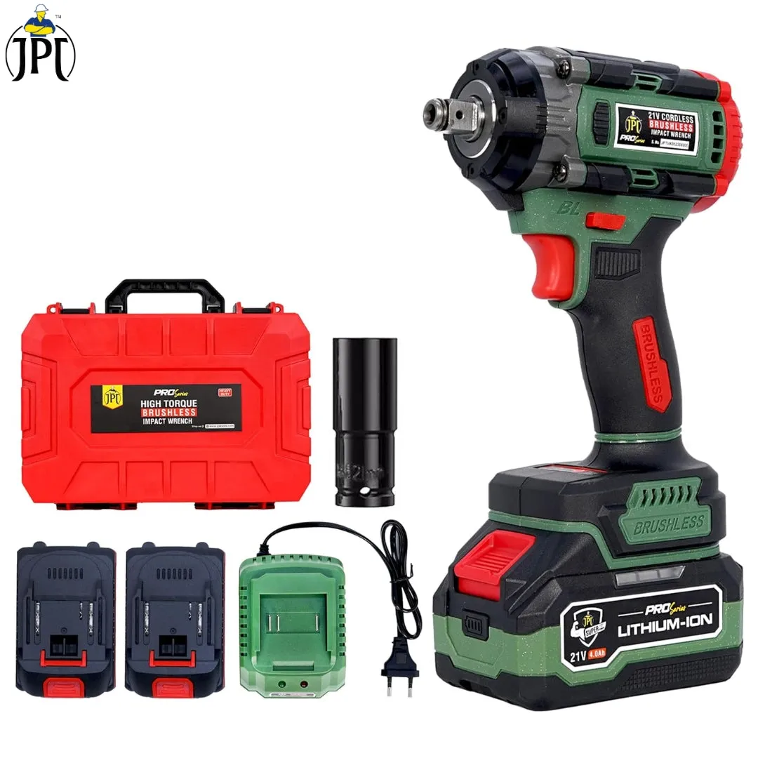 JPT 1/2 Inch Pro Series Heavy Duty Brushless Cordless Impact Wrench/Gun, 406Ft-lbs (550Nm) High Torque, 3650RPM, 2x 4.0Ah Batteries & Fast Charger (With 18 Months Motor Warranty)