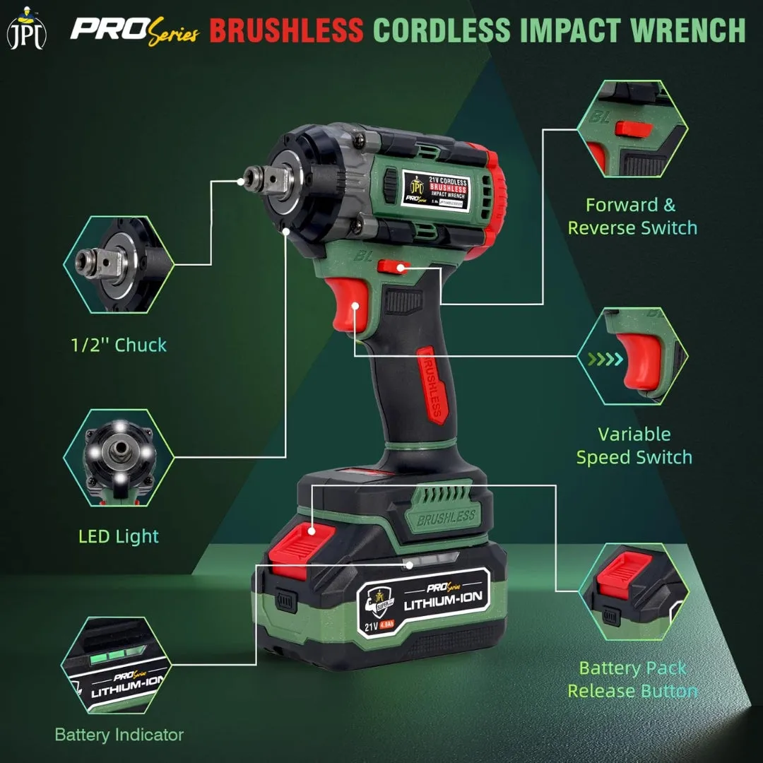 JPT 1/2 Inch Pro Series Heavy Duty Brushless Cordless Impact Wrench/Gun, 406Ft-lbs (550Nm) High Torque, 3650RPM, 2x 4.0Ah Batteries & Fast Charger (With 18 Months Motor Warranty)