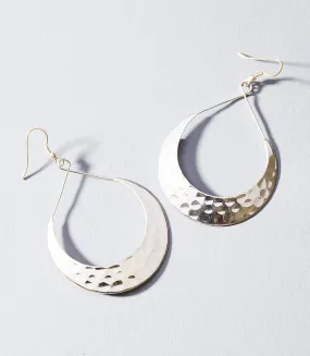 Lunar Crescent Hammered Shiny Silver Hoop Earrings