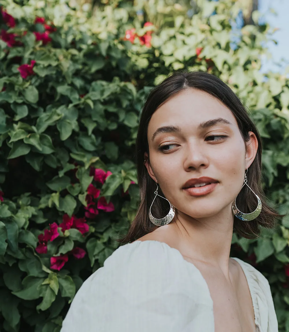 Lunar Crescent Hammered Shiny Silver Hoop Earrings