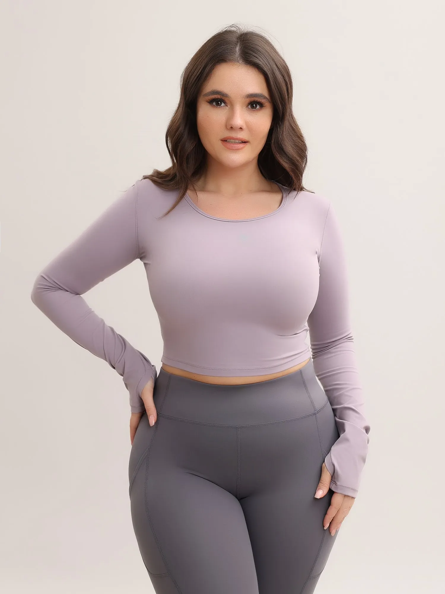 Midsize Slim Fit Nude Long Sleeve Yoga Crop Top