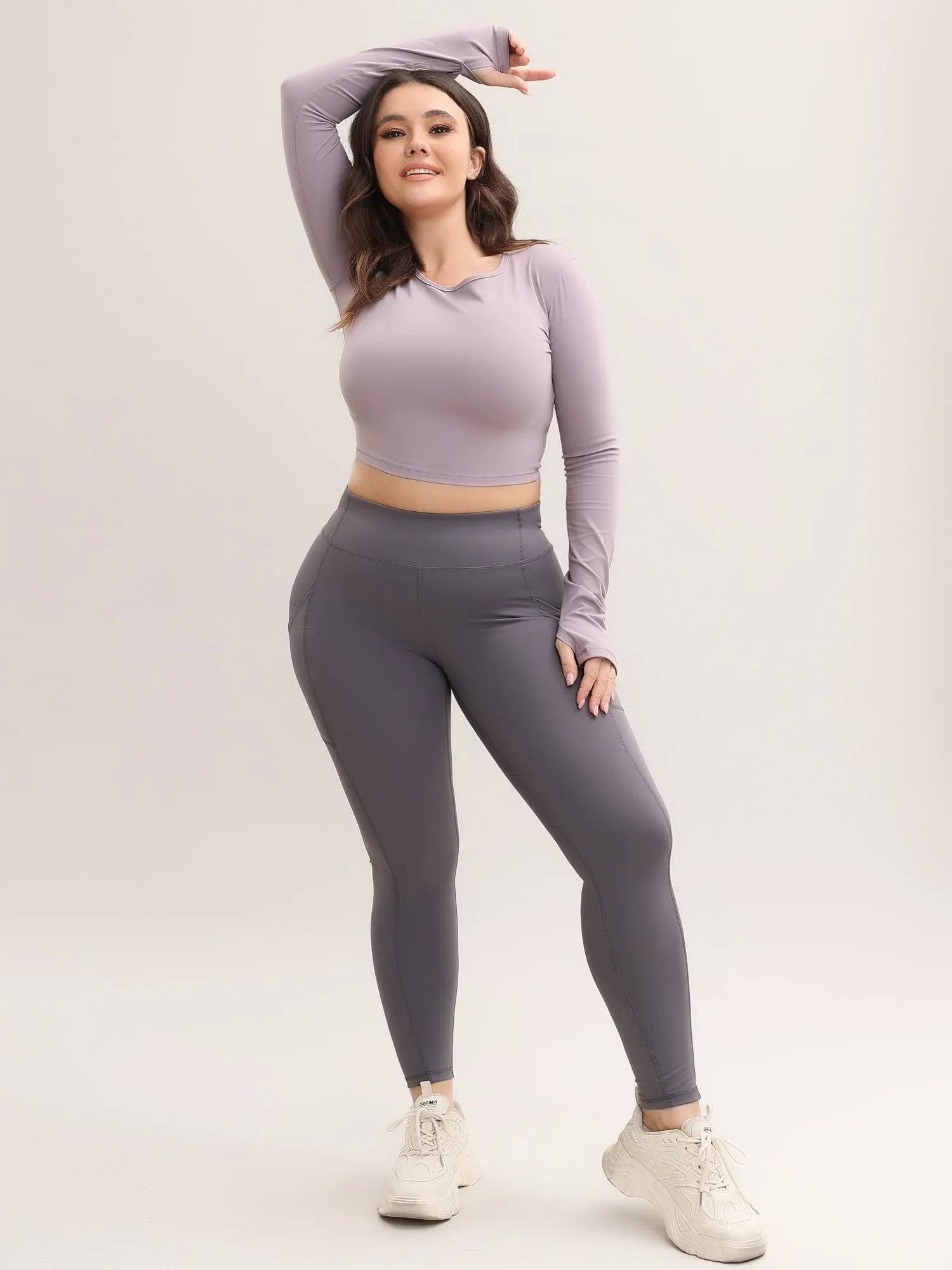 Midsize Slim Fit Nude Long Sleeve Yoga Crop Top