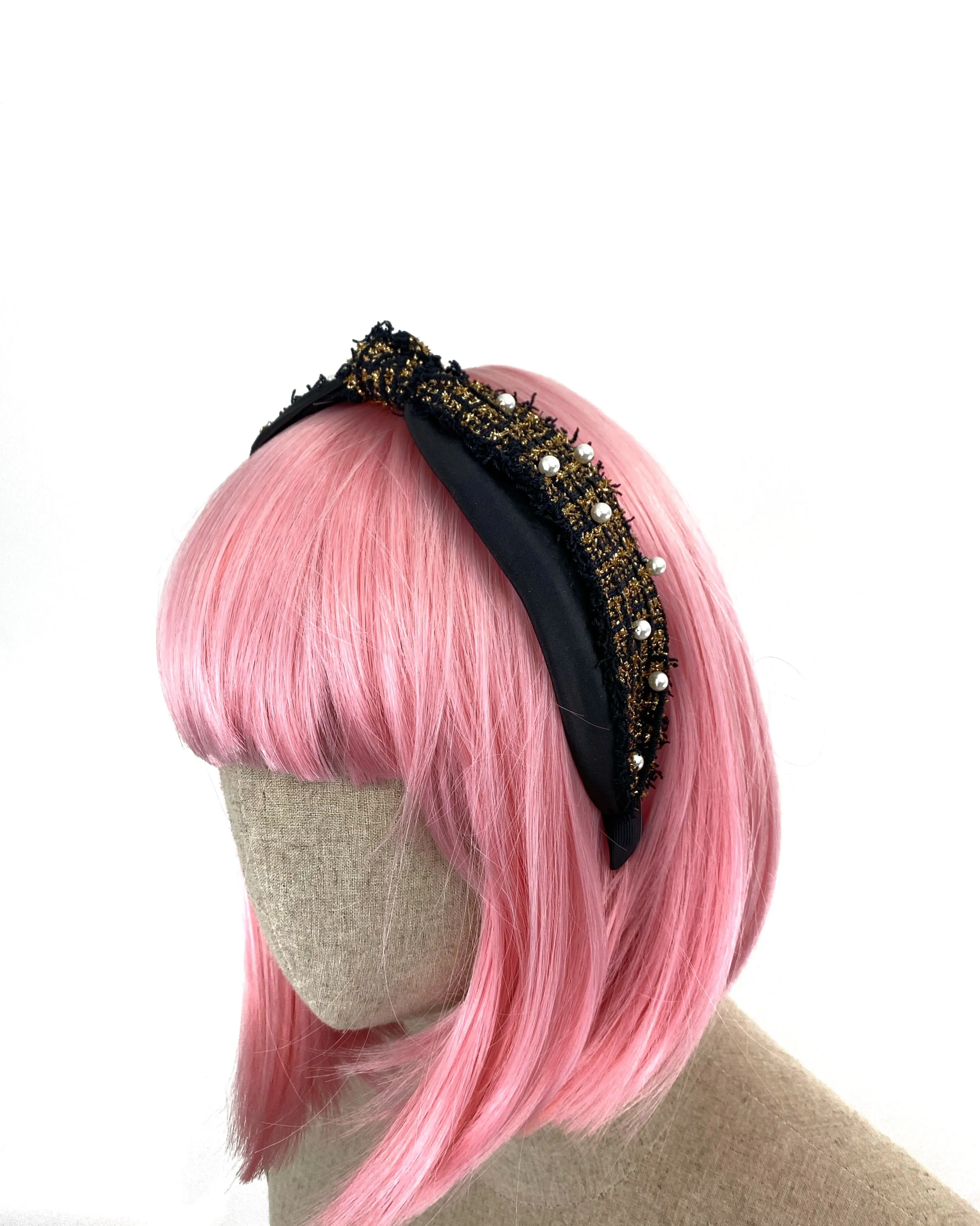 PEARL EMBELLISHED CHECK TWEED HEADBAND