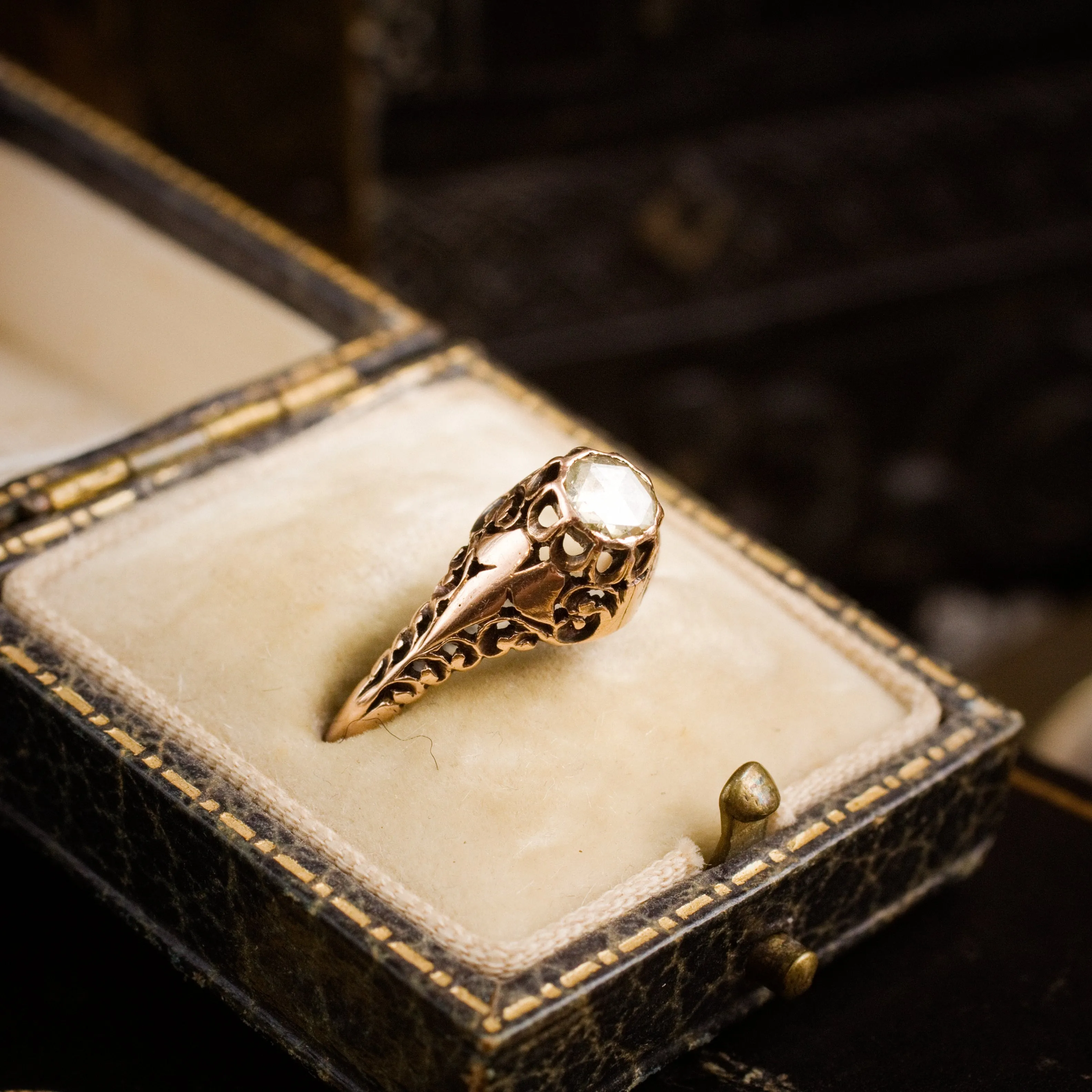 Phenomenally Pretty Edwardian Period Rose Gold Filigree Diamond Ring