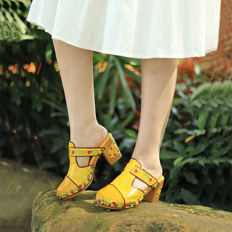 Retro Leather Printing Mules Summer Slippers with Rivets 50mm Block Heel in Yellow