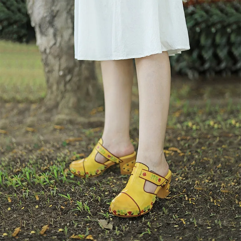 Retro Leather Printing Mules Summer Slippers with Rivets 50mm Block Heel in Yellow